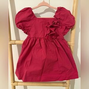 Zara Girls Magenta Puff Sleeve Dress with Floral Appliqué